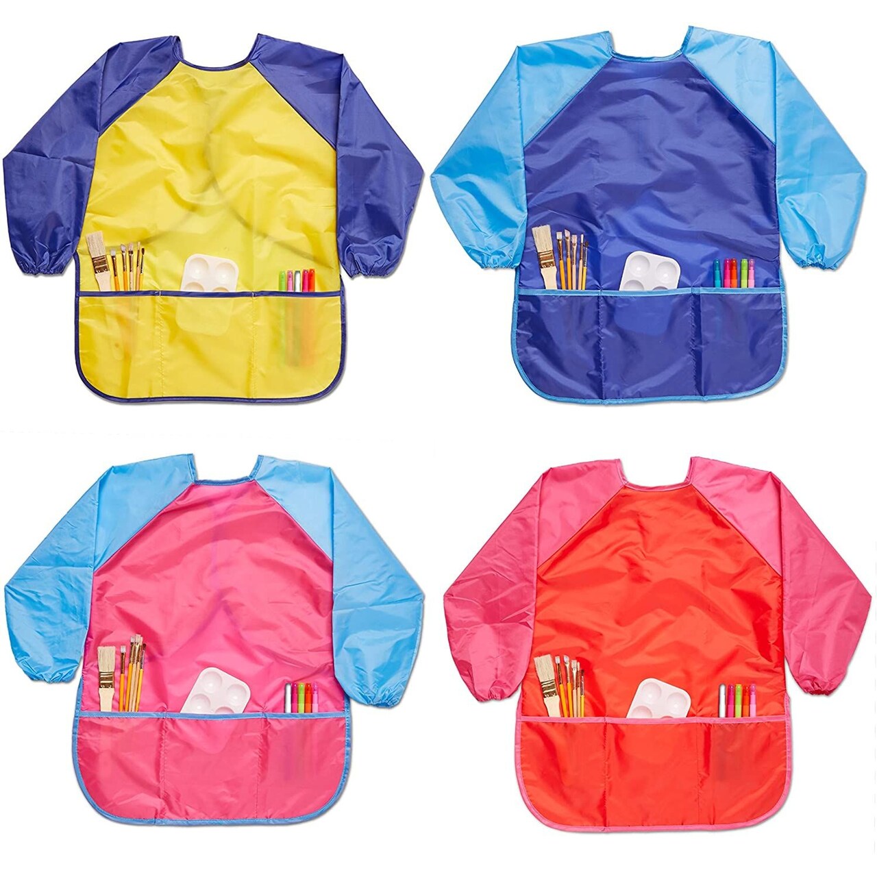Bright Creations Kids Art Smocks 4 Pack, Waterproof Aprons with 3 Storage Pockets for Painting and Crafts, Ages 3-14